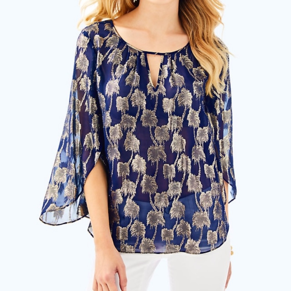 NWT Lilly Pulitzer Beccer Sheer Metallic Palm Tree Top S